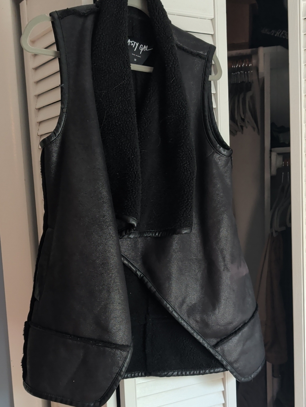 Nasty Gal Black Faux Leather Shearling-Trim Vest
